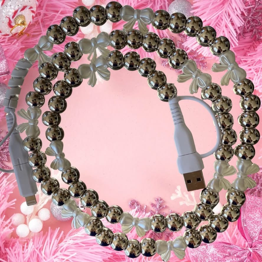 4 Way Charge Cable - Silver & Pearl Bow