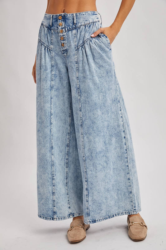 DENIM PLEATED RETRO HIGH-RISE WIDE LEG JEANS