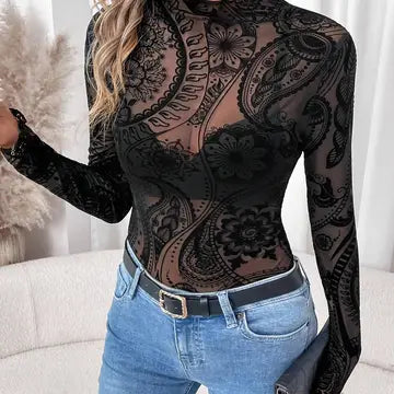 Paisley Velvet Print Mesh Top Black