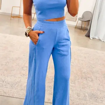 Blue Ribbed Tank and Wide Leg Pants Two Piece Lounge Set
