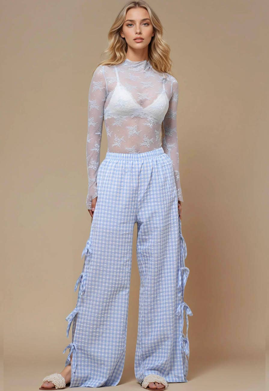 Ladies Gingham Elastic Waist Wide Leg Pants