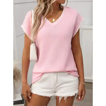 V-Neck Short Sleeves Sweater Pink