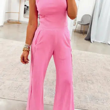 Pink Ribbed Tank and Wide Leg Pants Two Piece Lounge Set