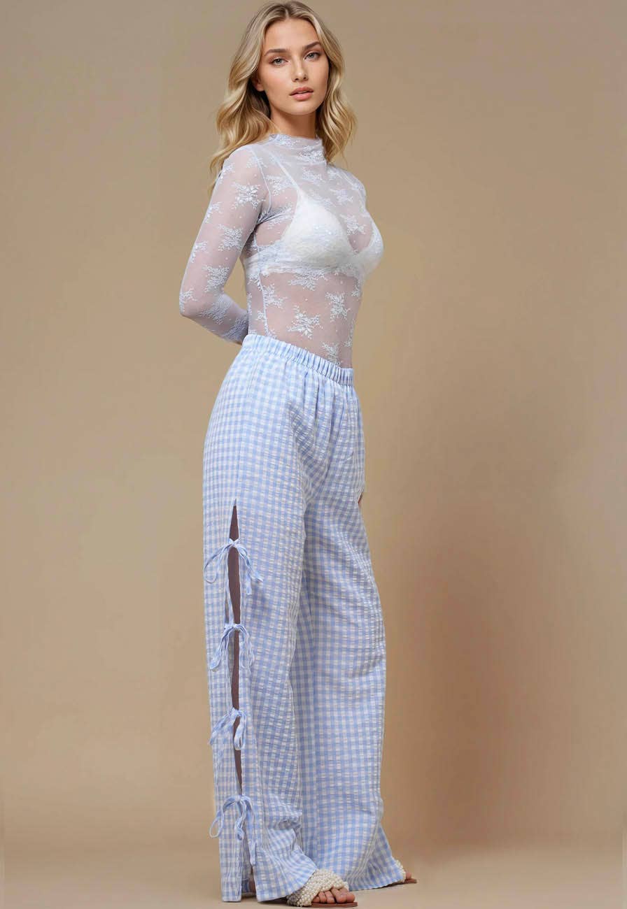 Ladies Gingham Elastic Waist Wide Leg Pants