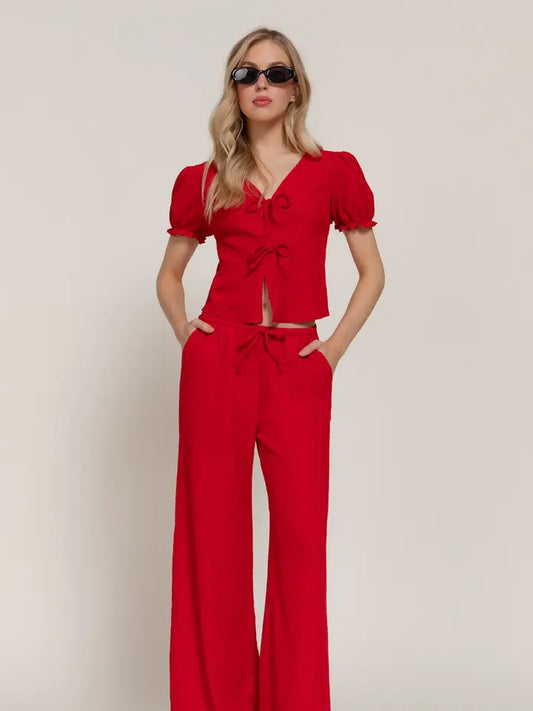 Short Sleeve V-Neck with Tie Top Red