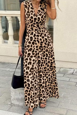 Leopard Print Sleeveless V-neck Jumpsuit