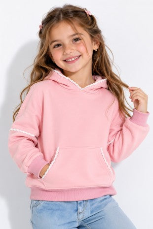 Girl's Pullover Hoodie W/kangaroo Pocket & Crochet Trim 4-14
