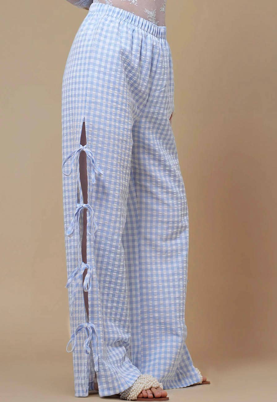 Ladies Gingham Elastic Waist Wide Leg Pants