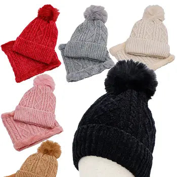 Velvet Knitted Beanie and Neck Warmer- 2 Pc Set