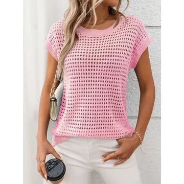 Round Neck Hollow Knitted Pink