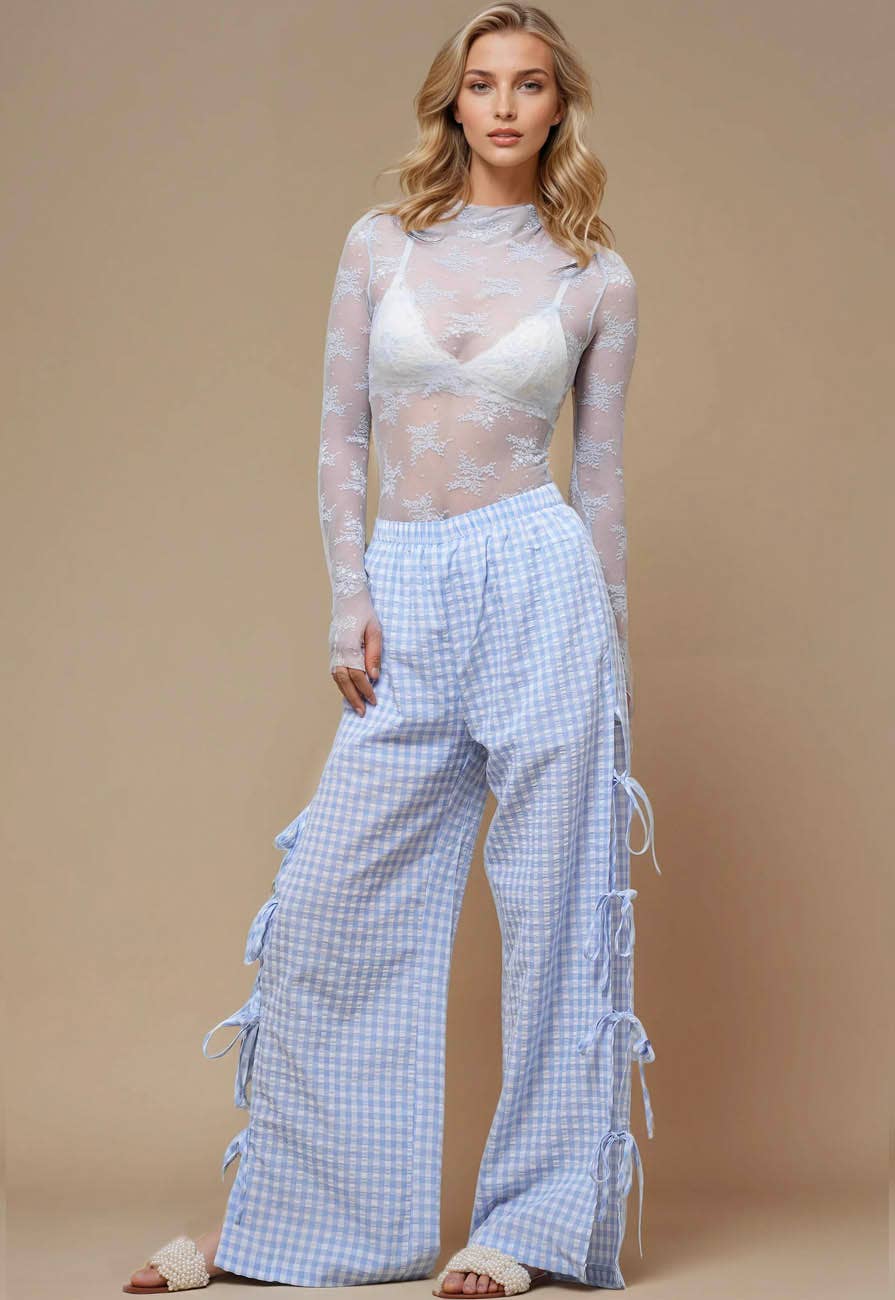 Ladies Gingham Elastic Waist Wide Leg Pants