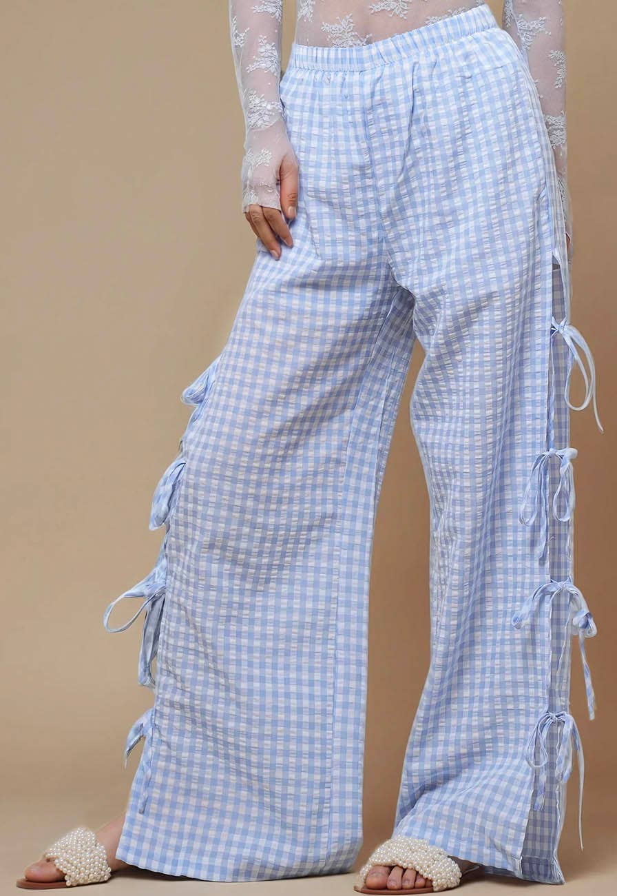 Ladies Gingham Elastic Waist Wide Leg Pants