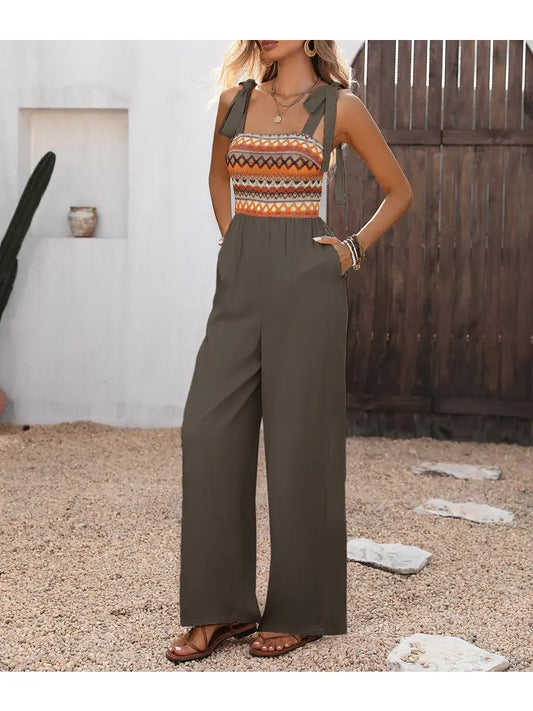 Sleeveless Tie Strap Jumpsuit with Smocked Bodice