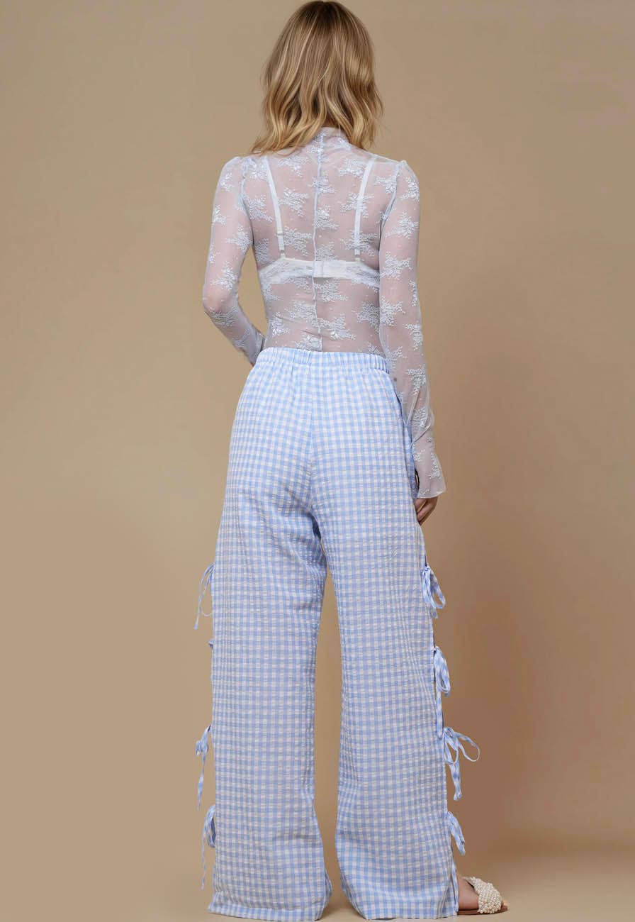 Ladies Gingham Elastic Waist Wide Leg Pants