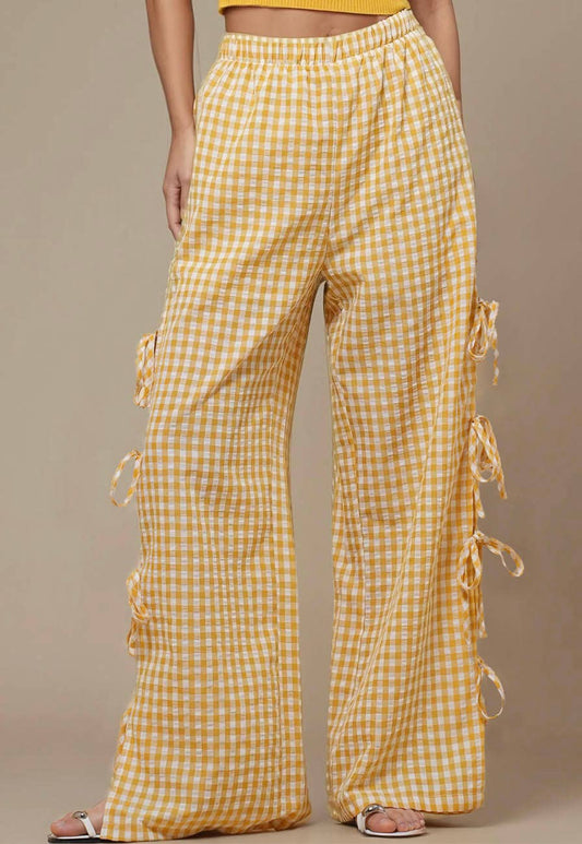 Ladies Gingham Elastic Waist Wide Leg Pants