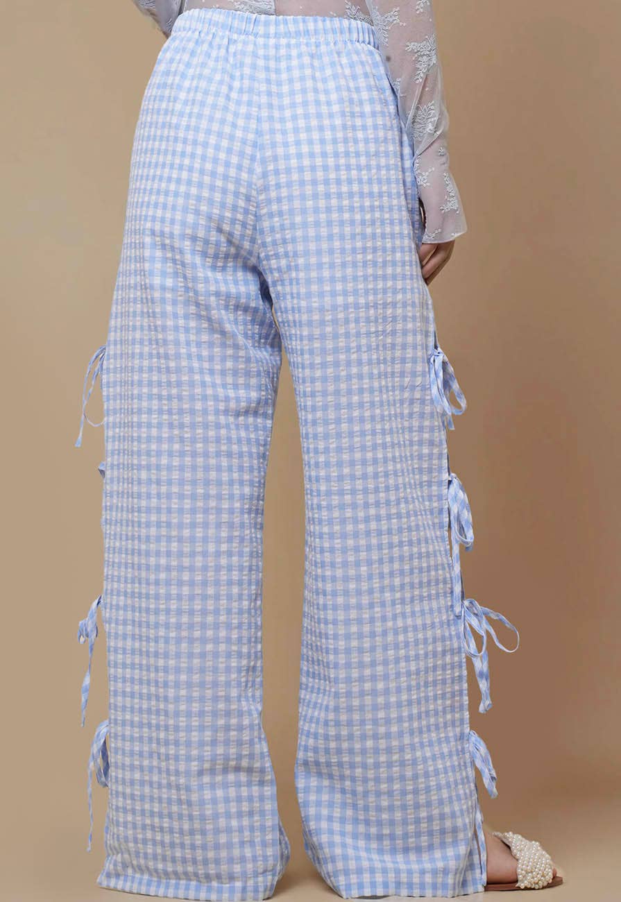 Ladies Gingham Elastic Waist Wide Leg Pants