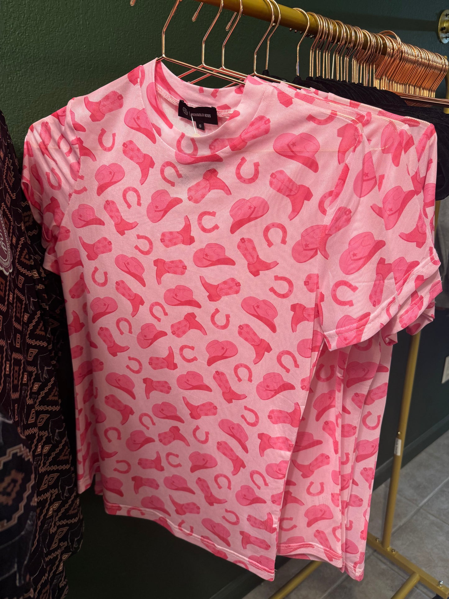 Pink Mesh Cowboy Shirt Short Sleeve