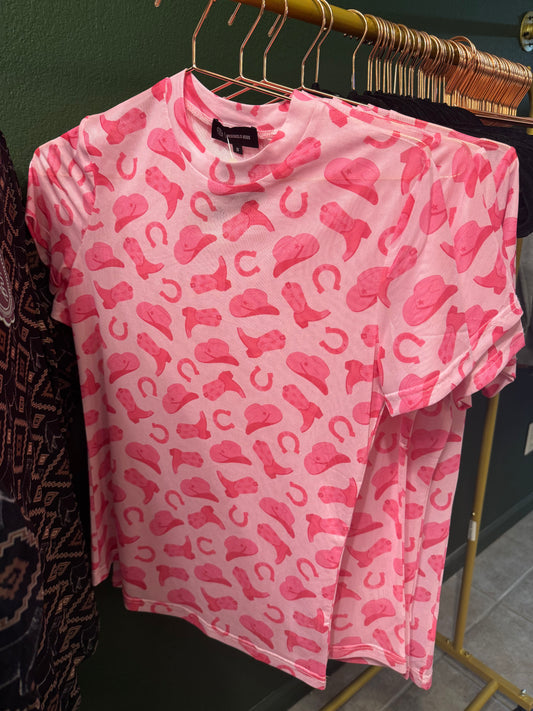 Pink Mesh Cowboy Shirt Short Sleeve