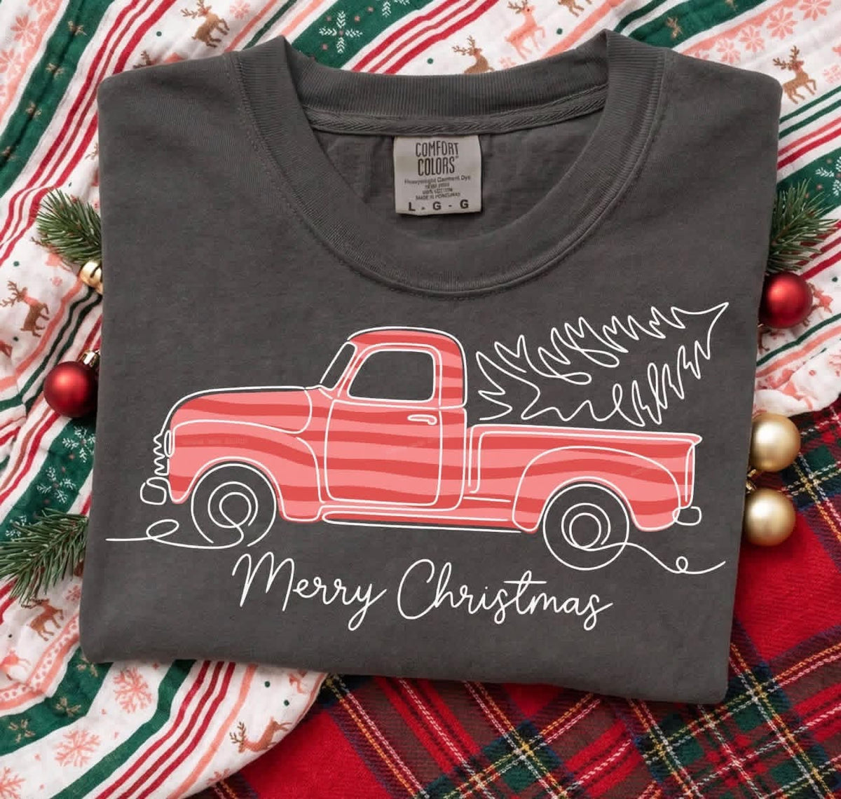 Merry Christmas Red Striped Truck