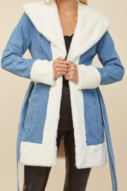 Denim Coat with Fur Trim
