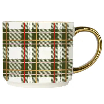 Dark Green Plaid Gold Handle Mug