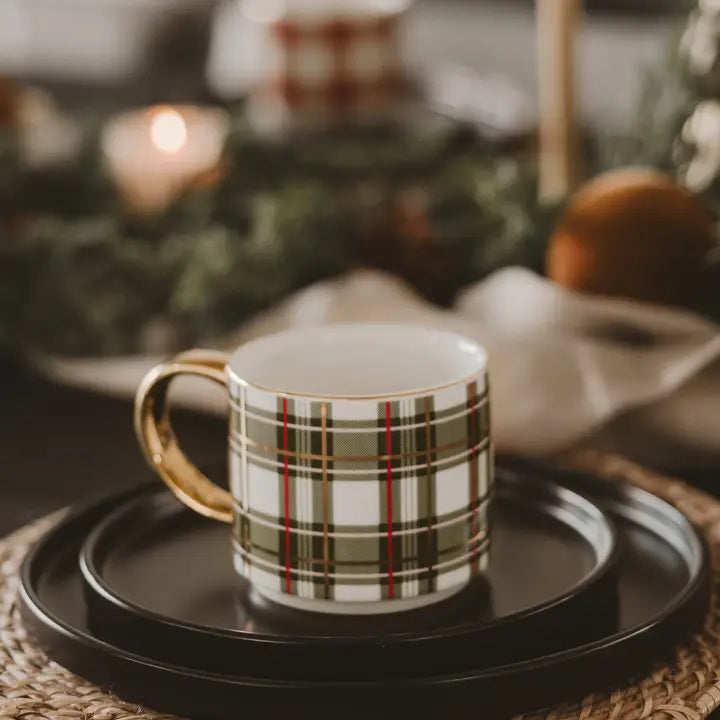 Dark Green Plaid Gold Handle Mug