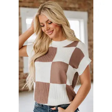 Checkered Khaki and White Sweater Short Sleeve