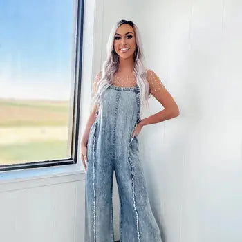 Washed Raw Wide Leg Jumpsuit Blue